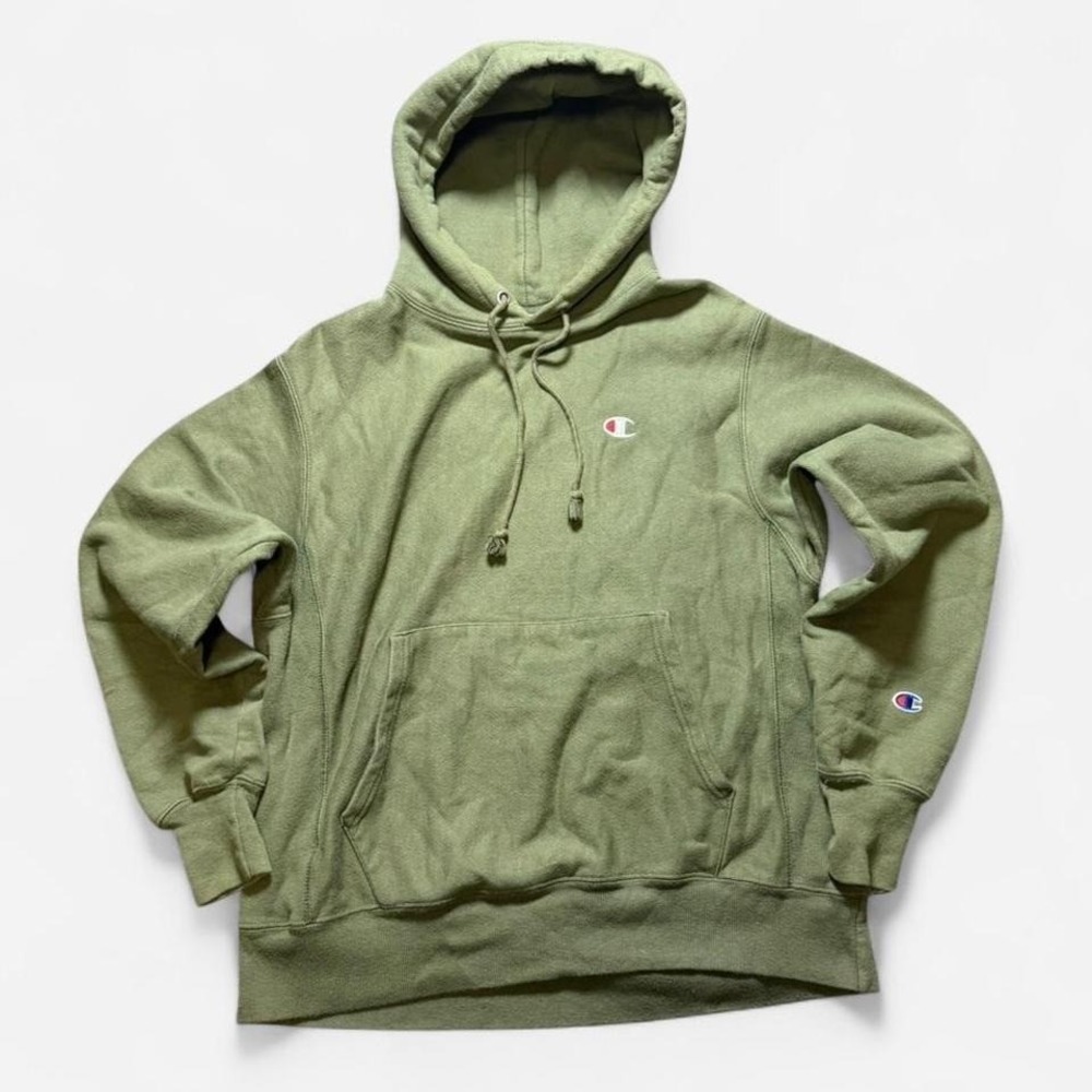 Vintage Y2K Champion Reverse Weave Army Green Hoodie Frayed Pull Strings Size M